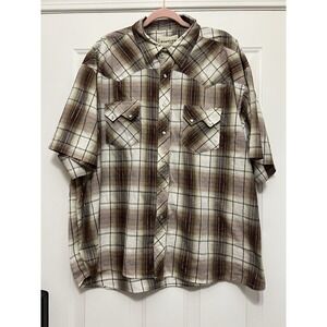 VTG Rustler Wrangler Mens 3XL Plaid Short Sleeve Western Pearl Snap Shirt Brown